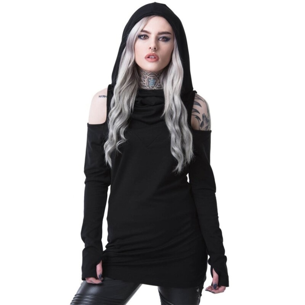 Killstar Black Cold-Shoulder Hooded Long Sleeve Top